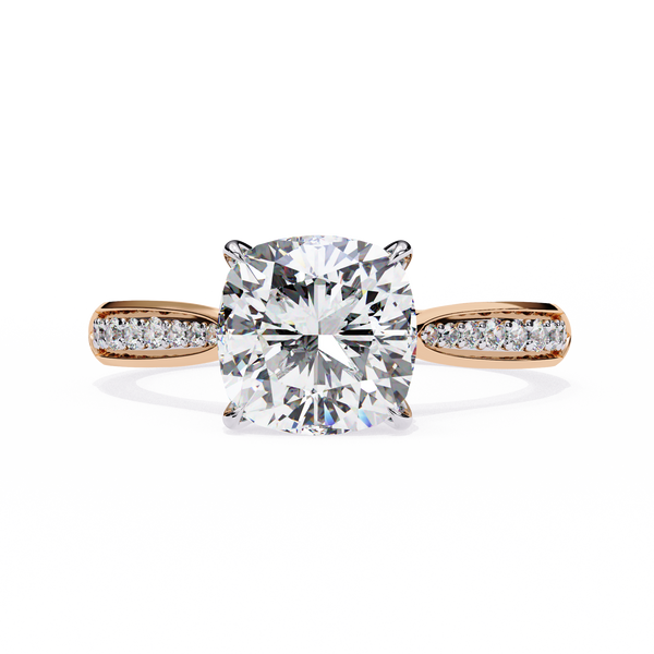 Rose Gold Cushion Cut Diamond Ring with Two-Tone Channel Pavé Shoulders