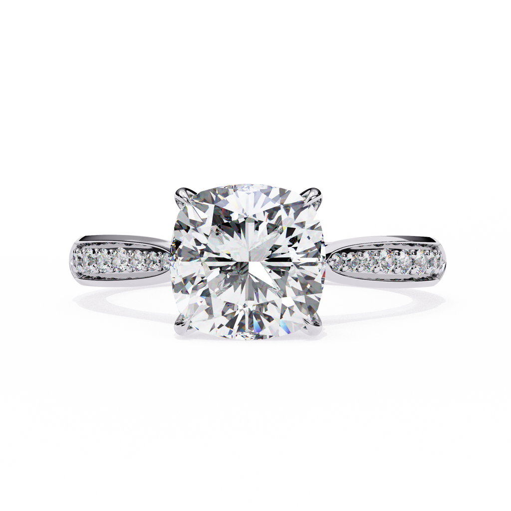 White Gold Cushion Cut Diamond Ring with Channel Pavé Shoulders