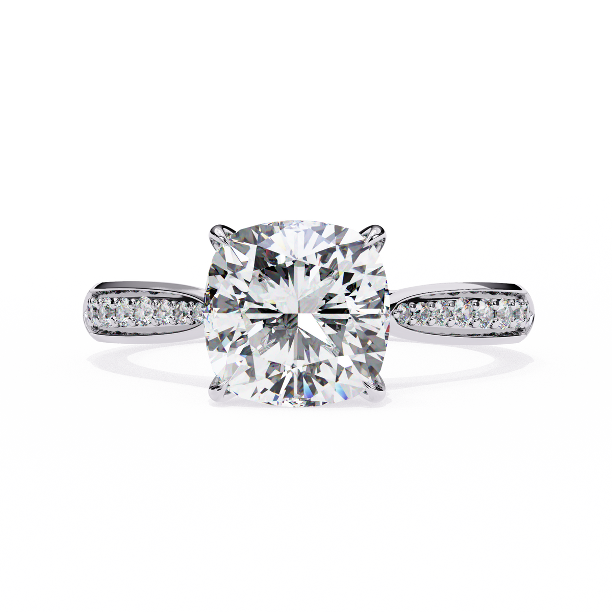 White Gold Cushion Cut Diamond Ring with Channel Pavé Shoulders