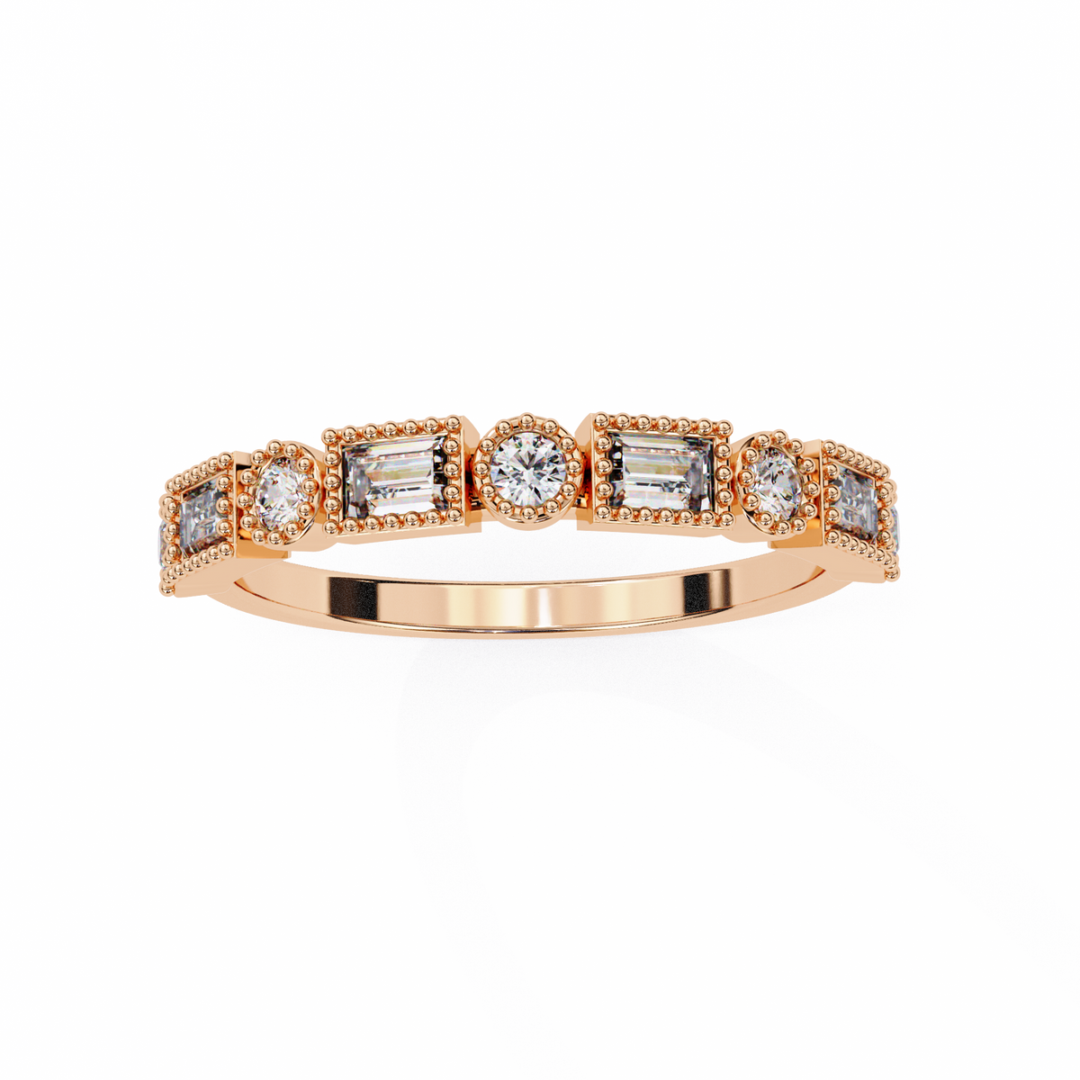 Rose Gold Baguette and Round Diamond Milgrain Station Band