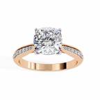 Rose Gold Cushion Cut Diamond Ring with Two-Tone Channel Pavé Shoulders