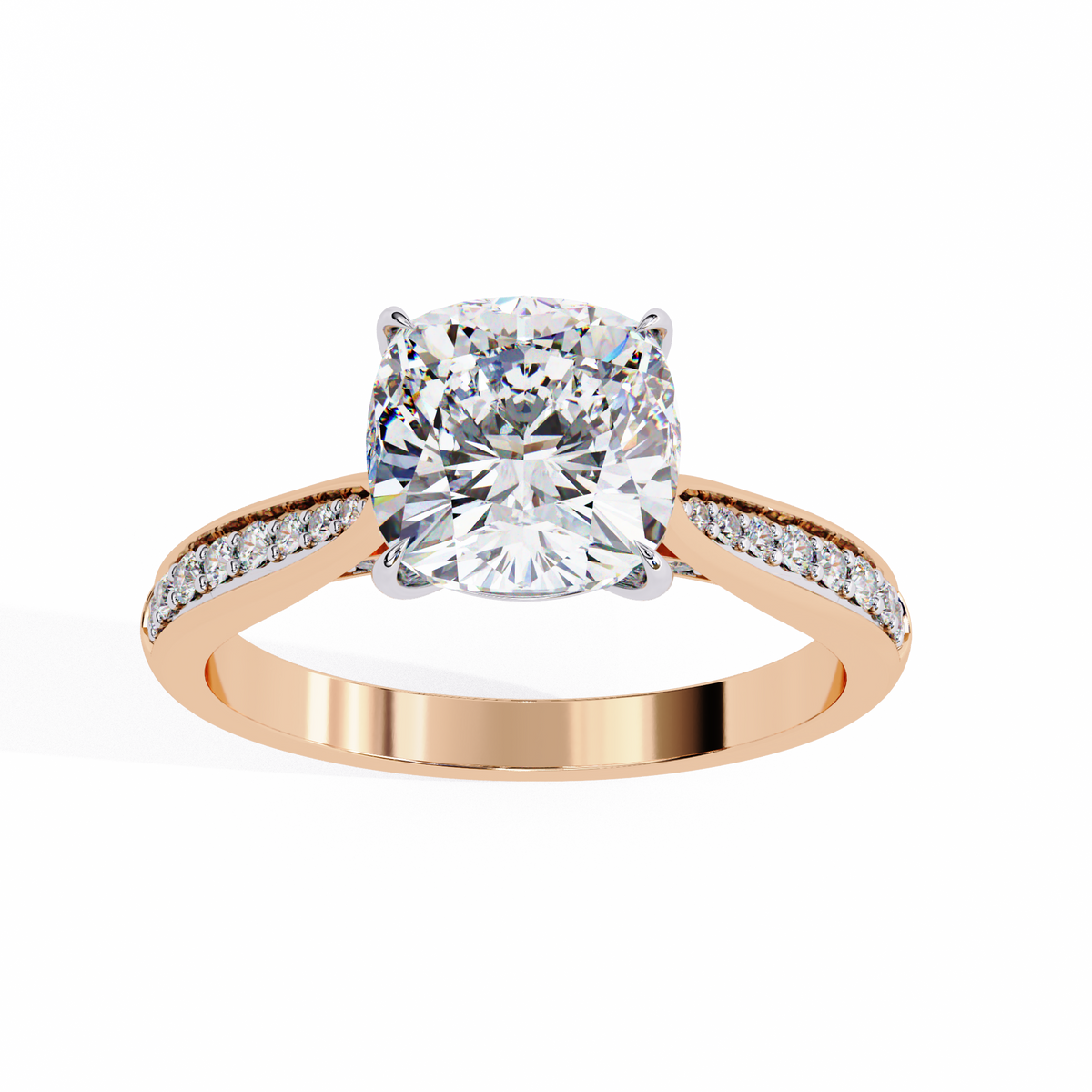 Rose Gold Cushion Cut Diamond Ring with Two-Tone Channel Pavé Shoulders