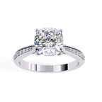 White Gold Cushion Cut Diamond Ring with Channel Pavé Shoulders