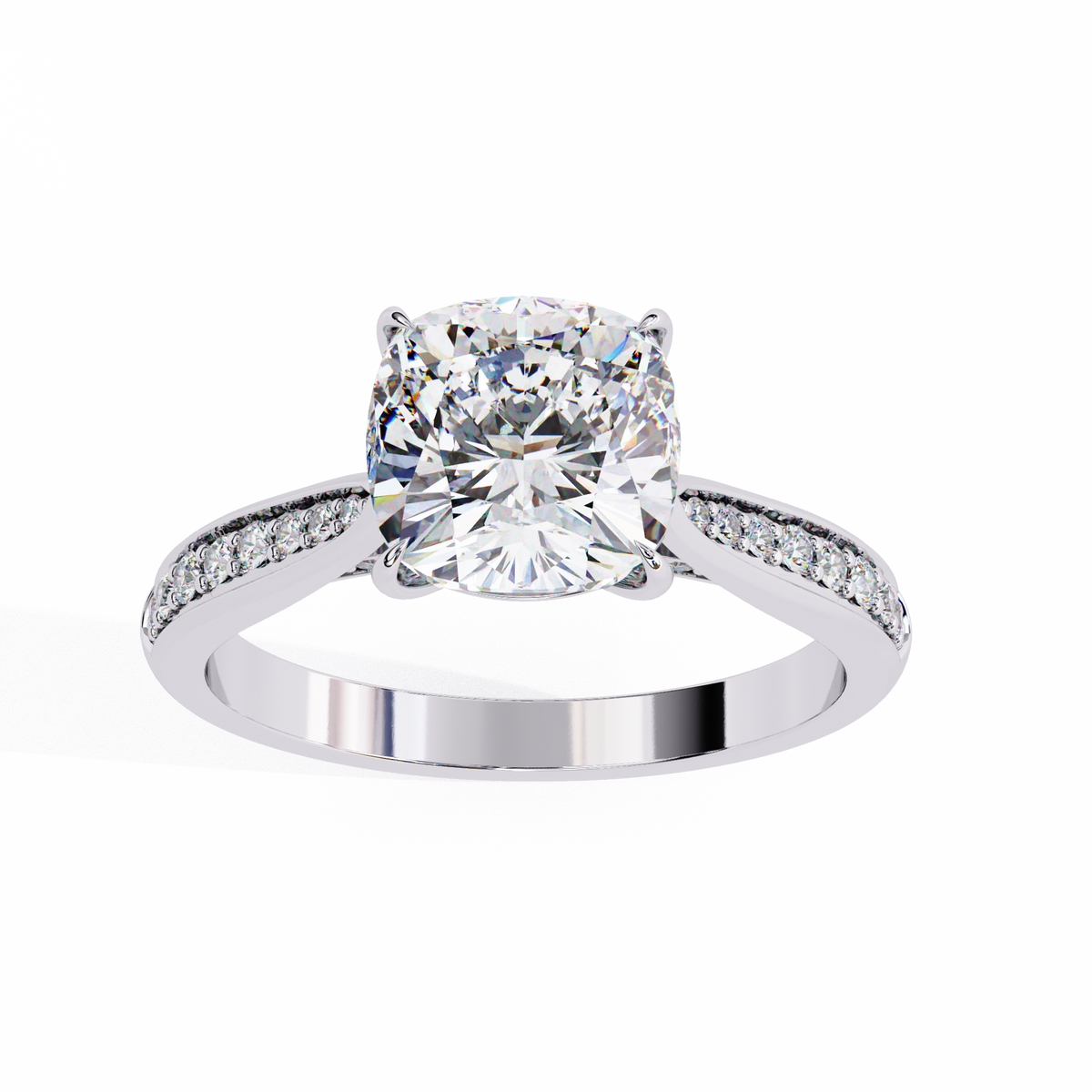 White Gold Cushion Cut Diamond Ring with Channel Pavé Shoulders