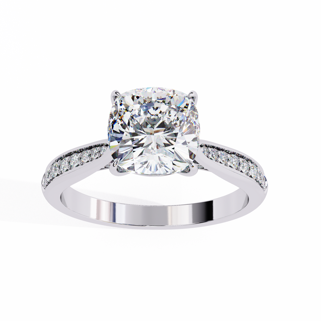 White Gold Cushion Cut Diamond Ring with Channel Pavé Shoulders