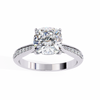 White Gold Cushion Cut Diamond Ring with Channel Pavé Shoulders