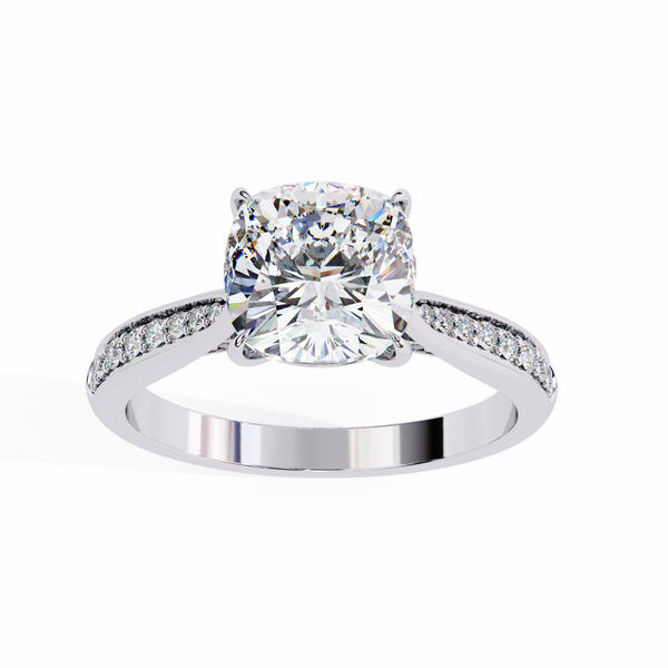 White Gold Cushion Cut Diamond Ring with Channel Pavé Shoulders