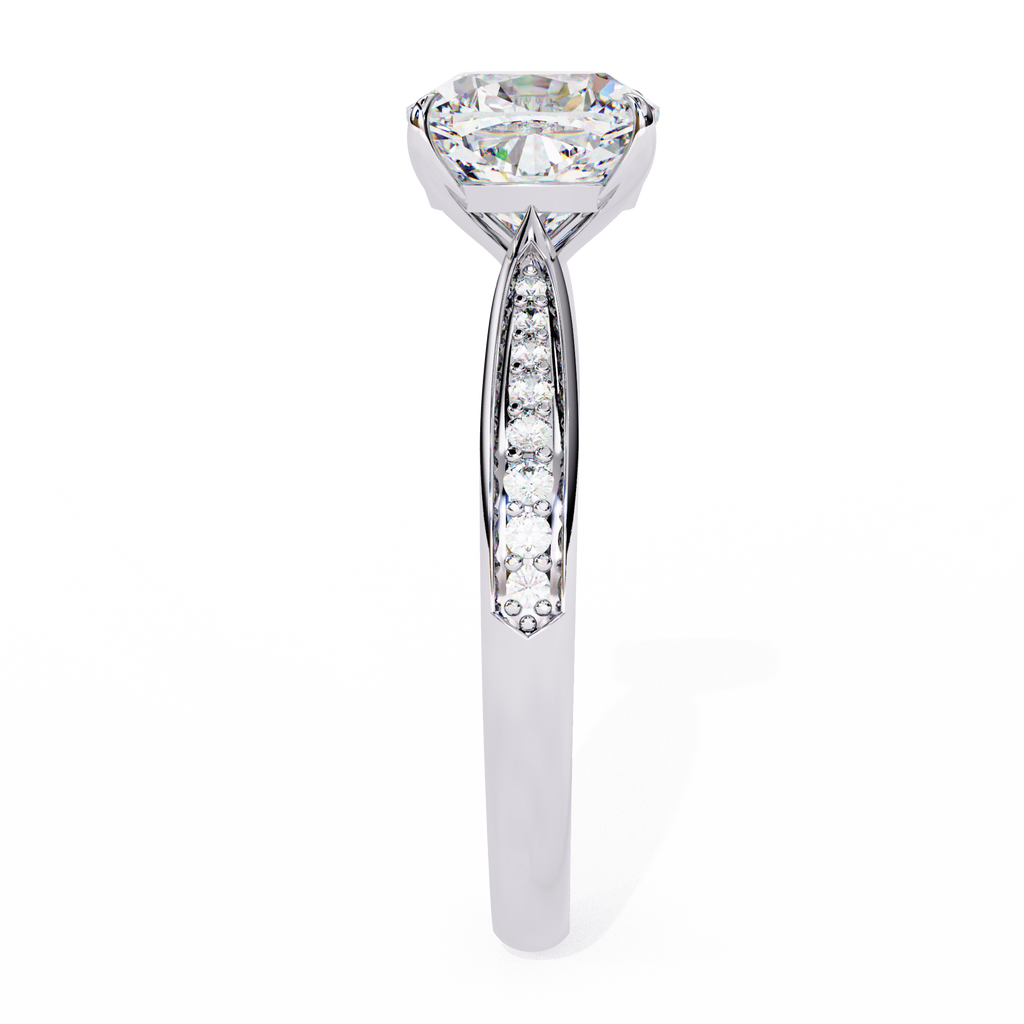 White Gold Cushion Cut Diamond Ring with Channel Pavé Shoulders