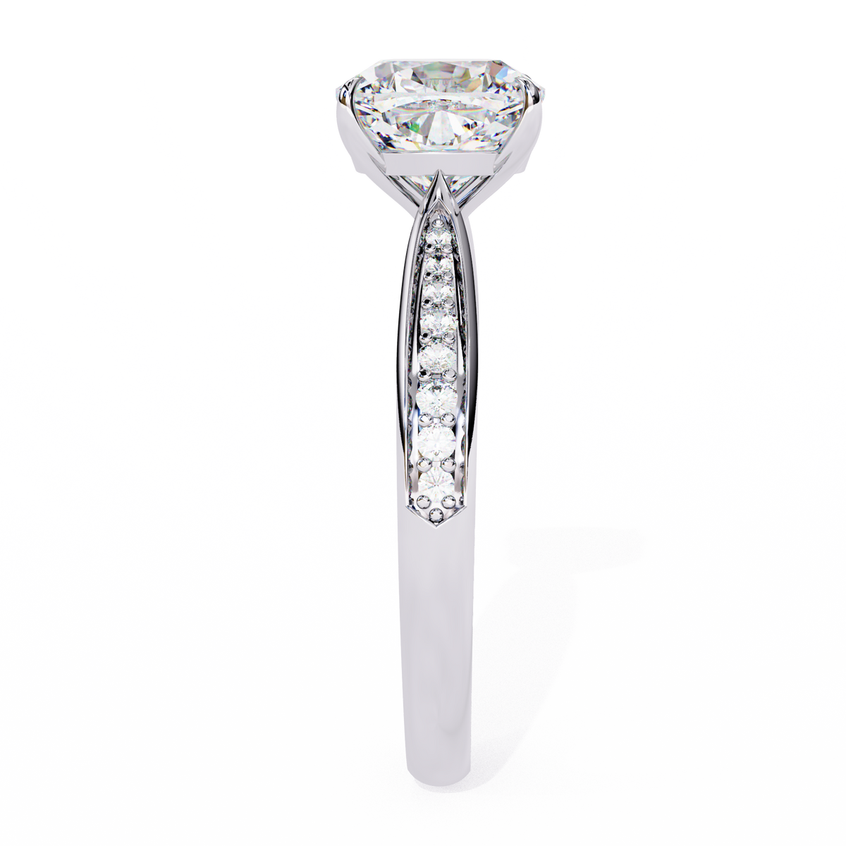 White Gold Cushion Cut Diamond Ring with Channel Pavé Shoulders