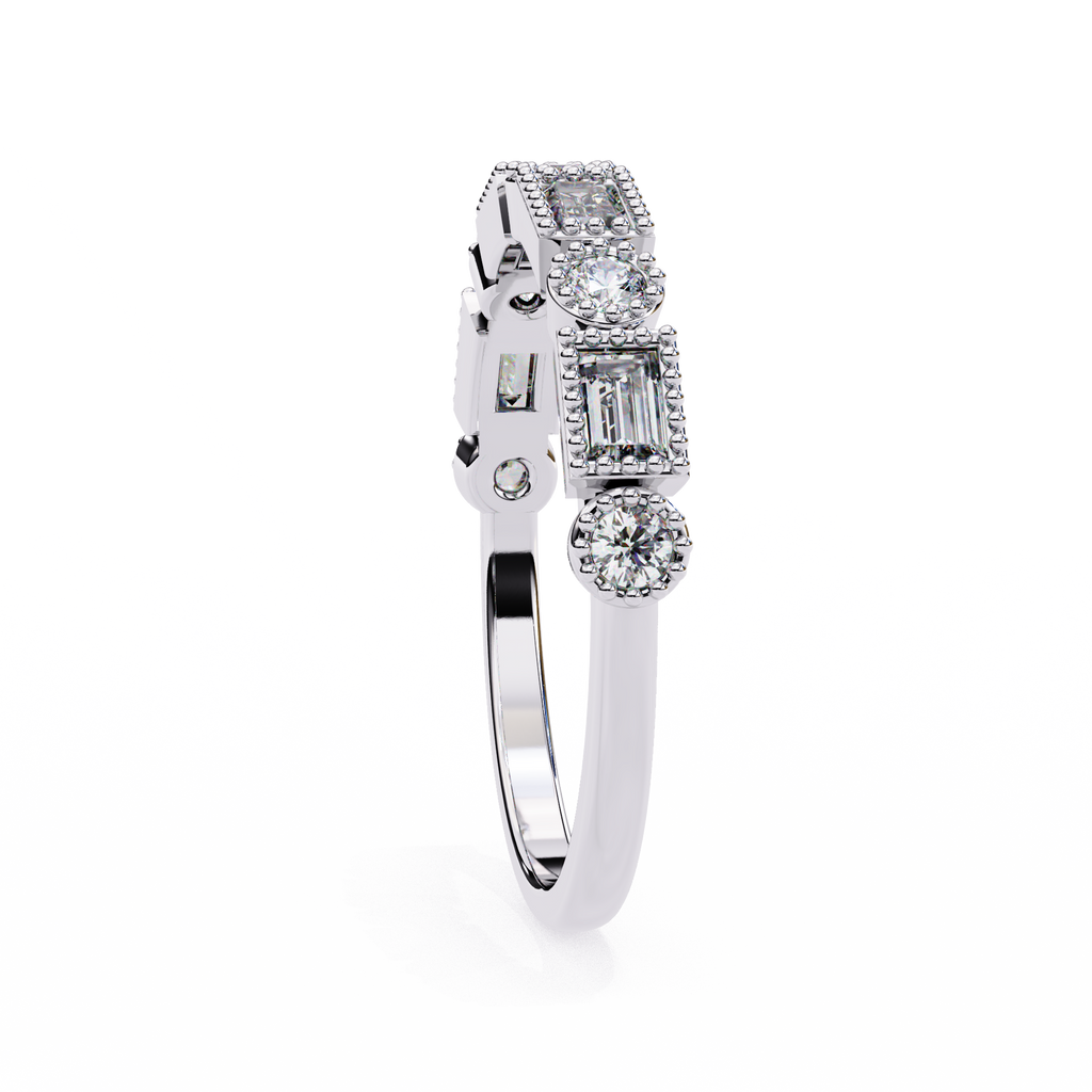 White Gold Baguette and Round Diamond Milgrain Station Band