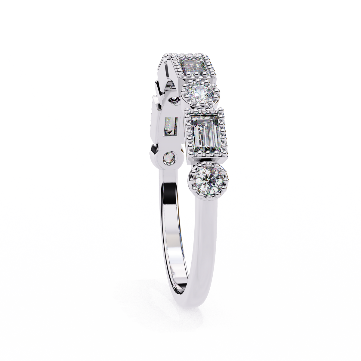 White Gold Baguette and Round Diamond Milgrain Station Band