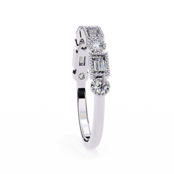 White Gold Baguette and Round Diamond Milgrain Station Band