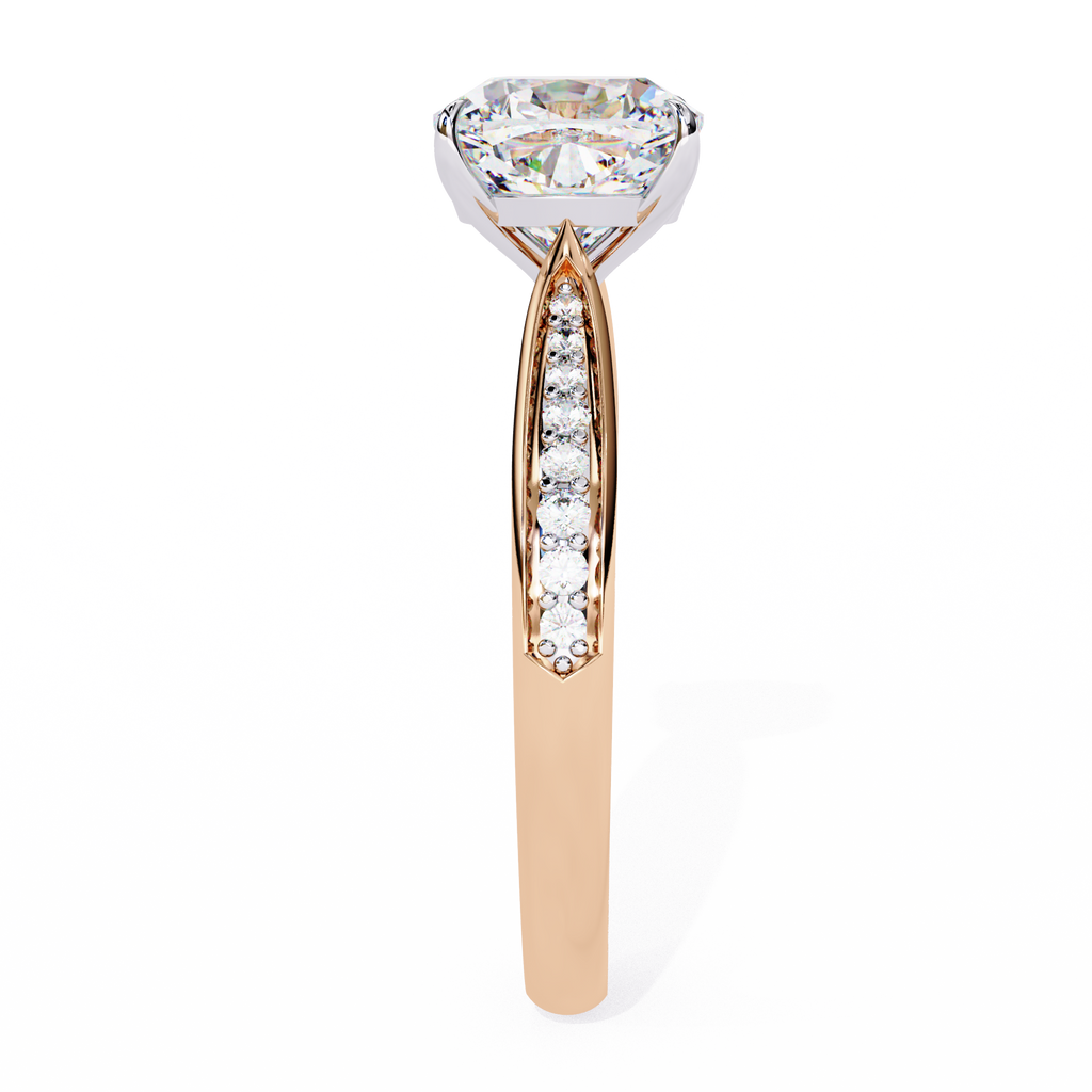 Rose Gold Cushion Cut Diamond Ring with Two-Tone Channel Pavé Shoulders