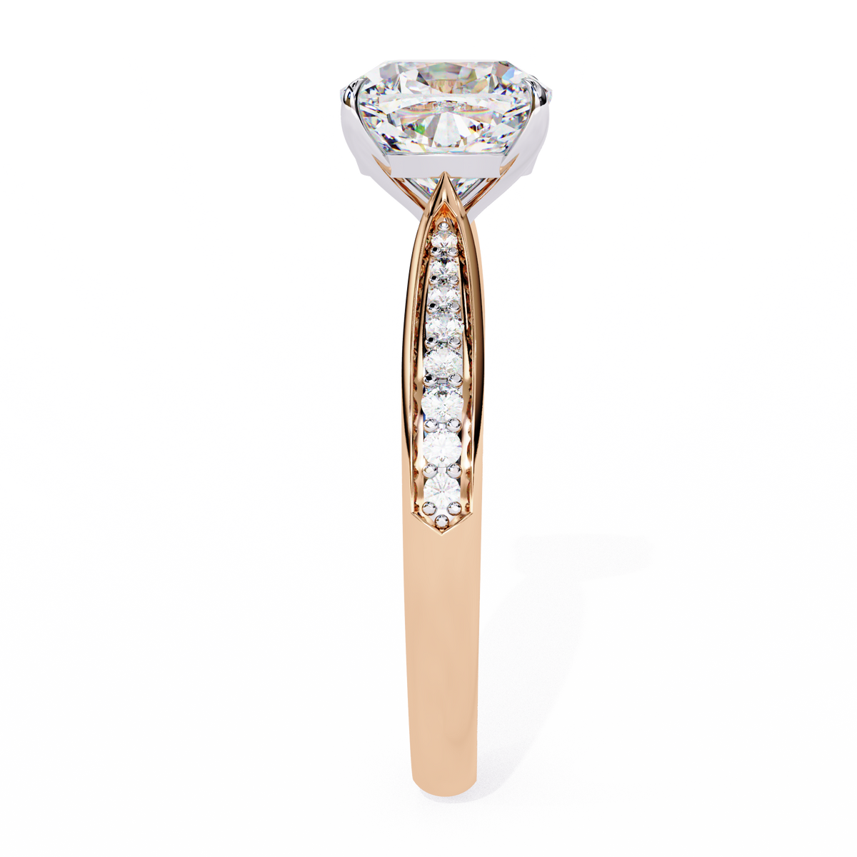 Rose Gold Cushion Cut Diamond Ring with Two-Tone Channel Pavé Shoulders