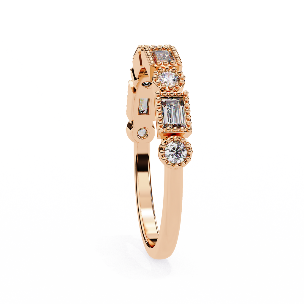 Rose Gold Baguette and Round Diamond Milgrain Station Band