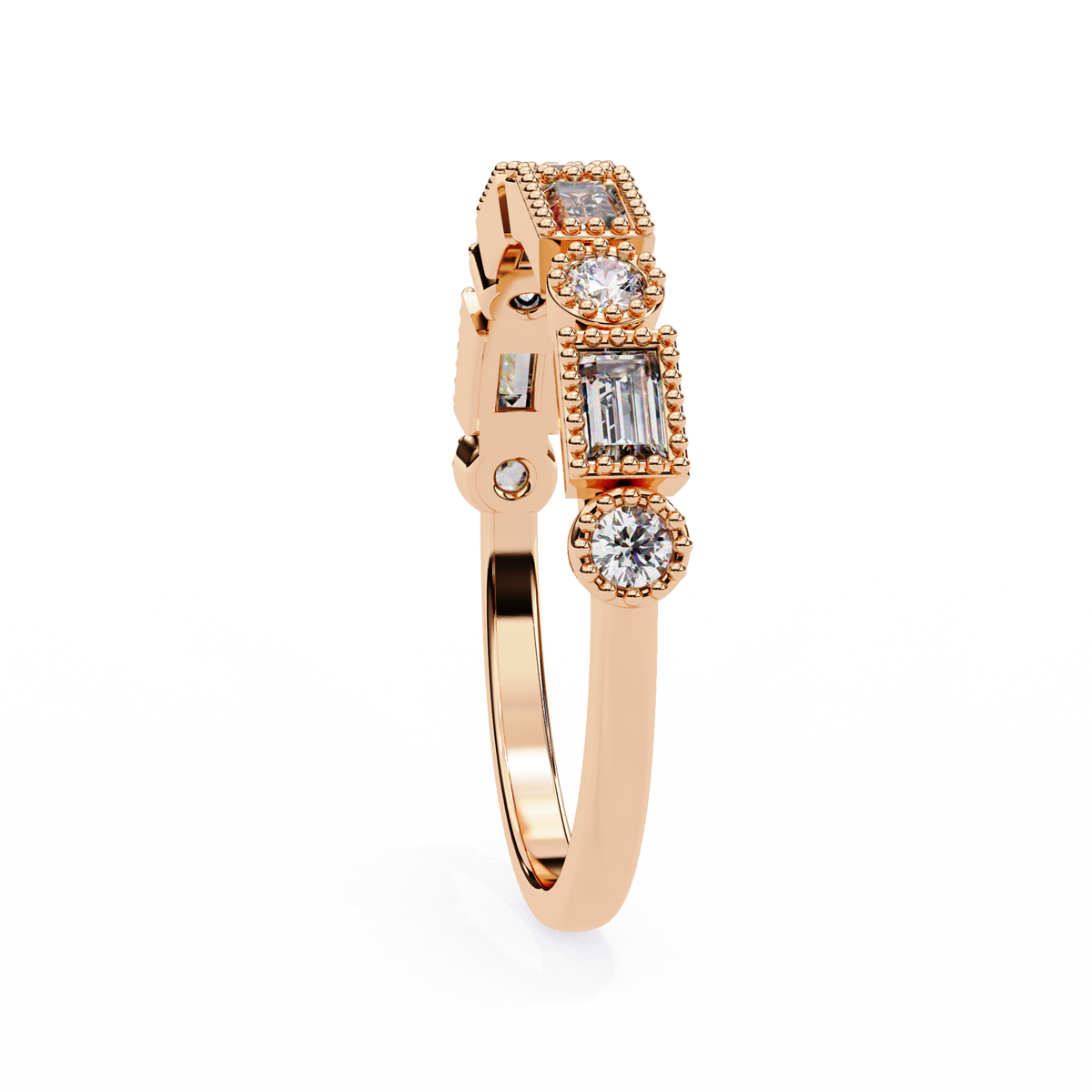 Rose Gold Baguette and Round Diamond Milgrain Station Band