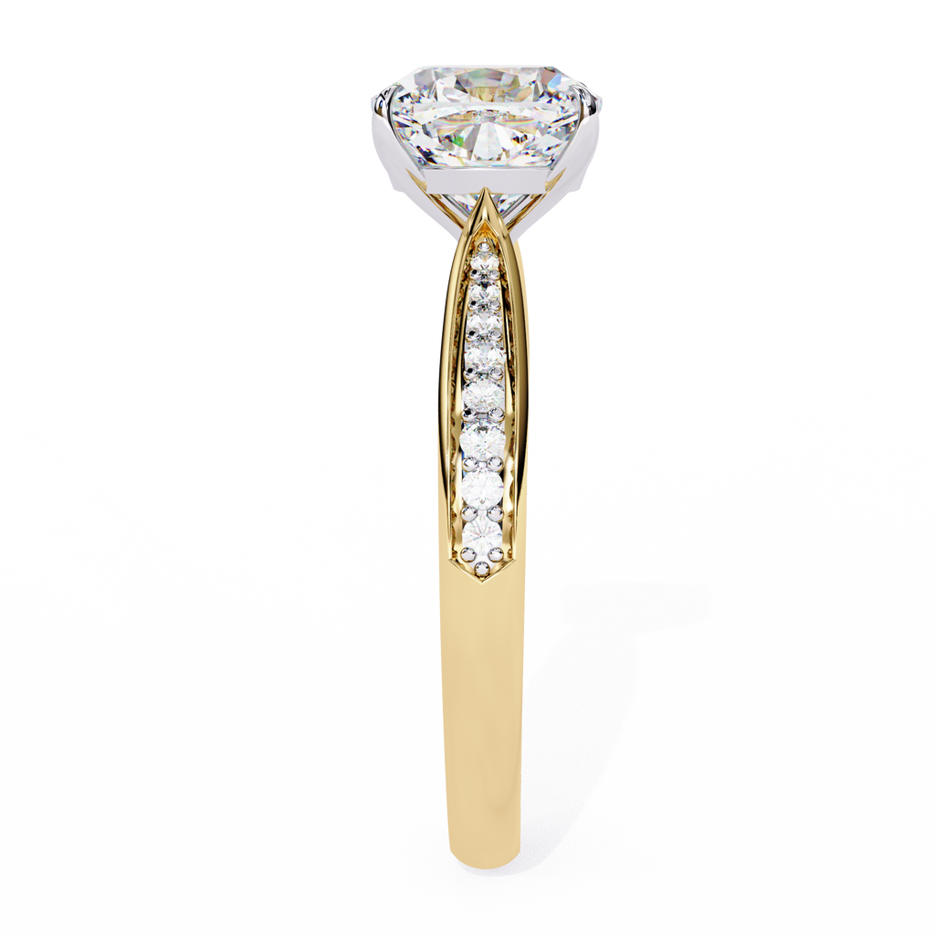 Yellow Gold Cushion Cut Diamond Ring with Two-Tone Channel Pavé Shoulders