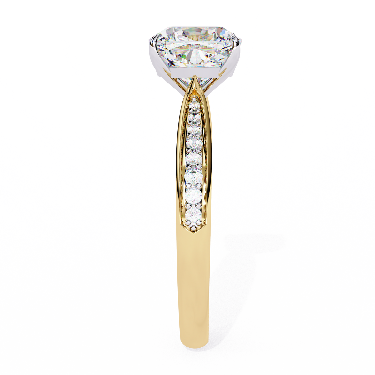 Yellow Gold Cushion Cut Diamond Ring with Two-Tone Channel Pavé Shoulders