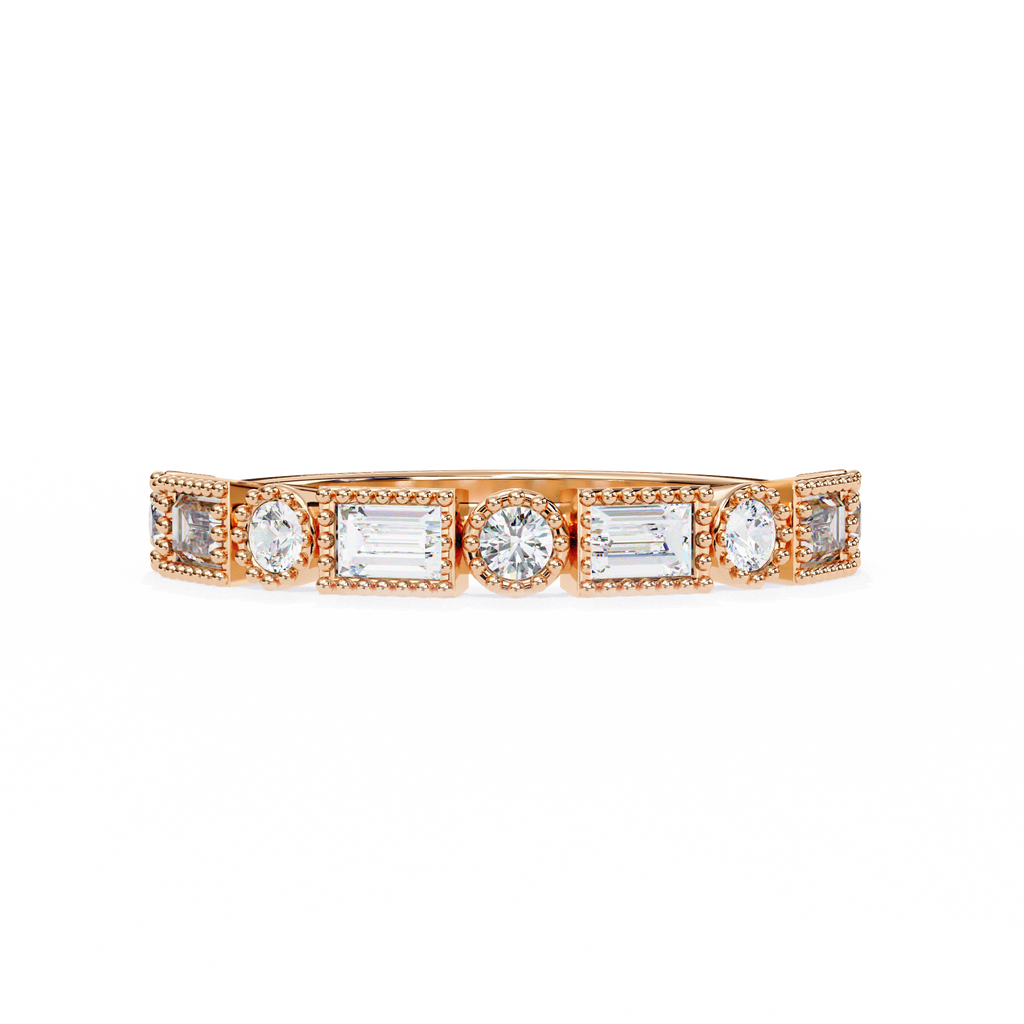 Rose Gold Baguette and Round Diamond Milgrain Station Band