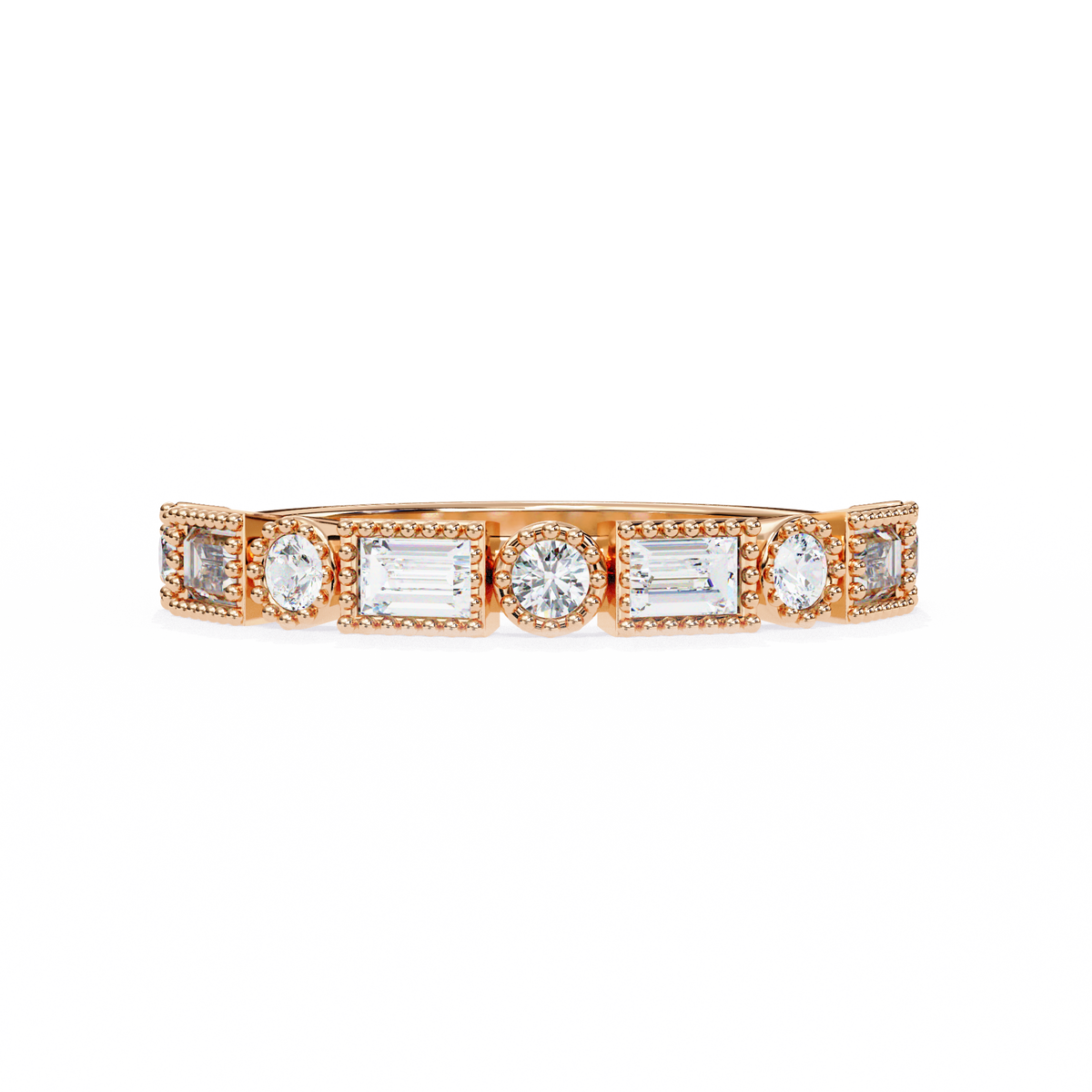 Rose Gold Baguette and Round Diamond Milgrain Station Band