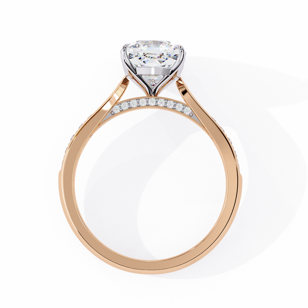 Rose Gold Cushion Cut Diamond Ring with Two-Tone Channel Pavé Shoulders