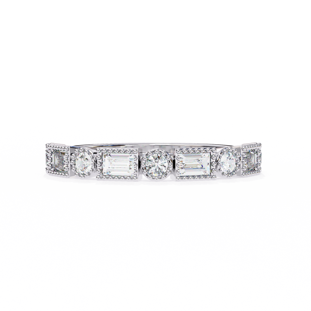 White Gold Baguette and Round Diamond Milgrain Station Band