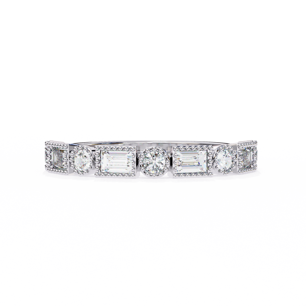 White Gold Baguette and Round Diamond Milgrain Station Band
