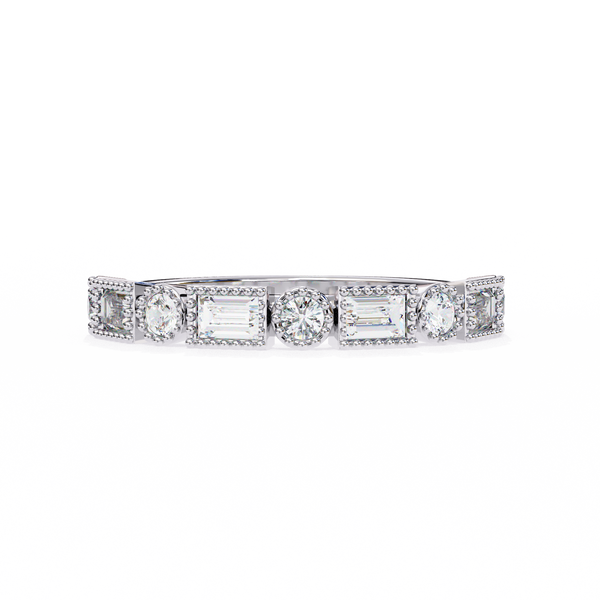White Gold Baguette and Round Diamond Milgrain Station Band