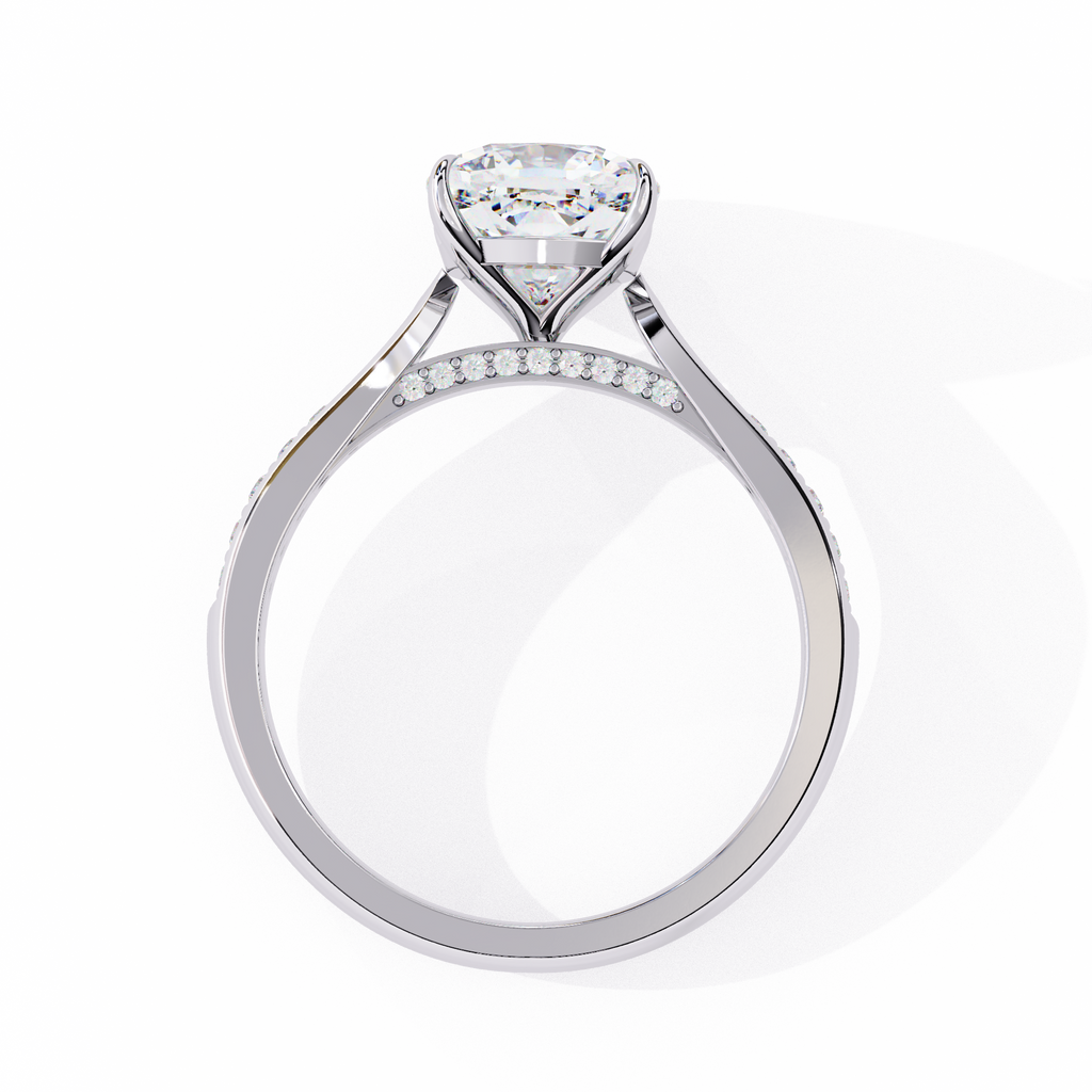 White Gold Cushion Cut Diamond Ring with Channel Pavé Shoulders