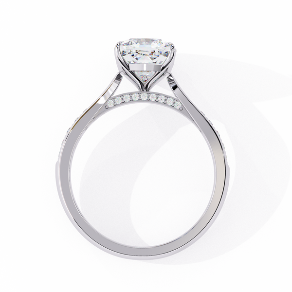 White Gold Cushion Cut Diamond Ring with Channel Pavé Shoulders