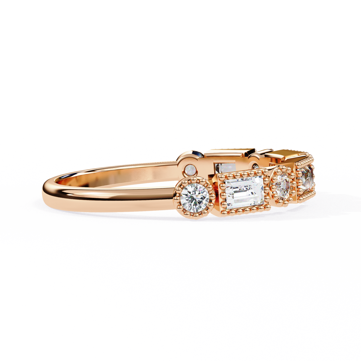 Rose Gold Baguette and Round Diamond Milgrain Station Band