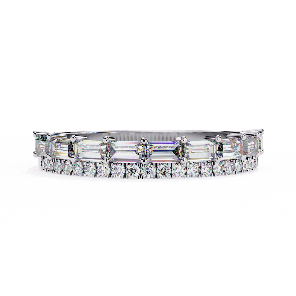 White Gold Baguette and Round Diamond Two Row Half Eternity Band