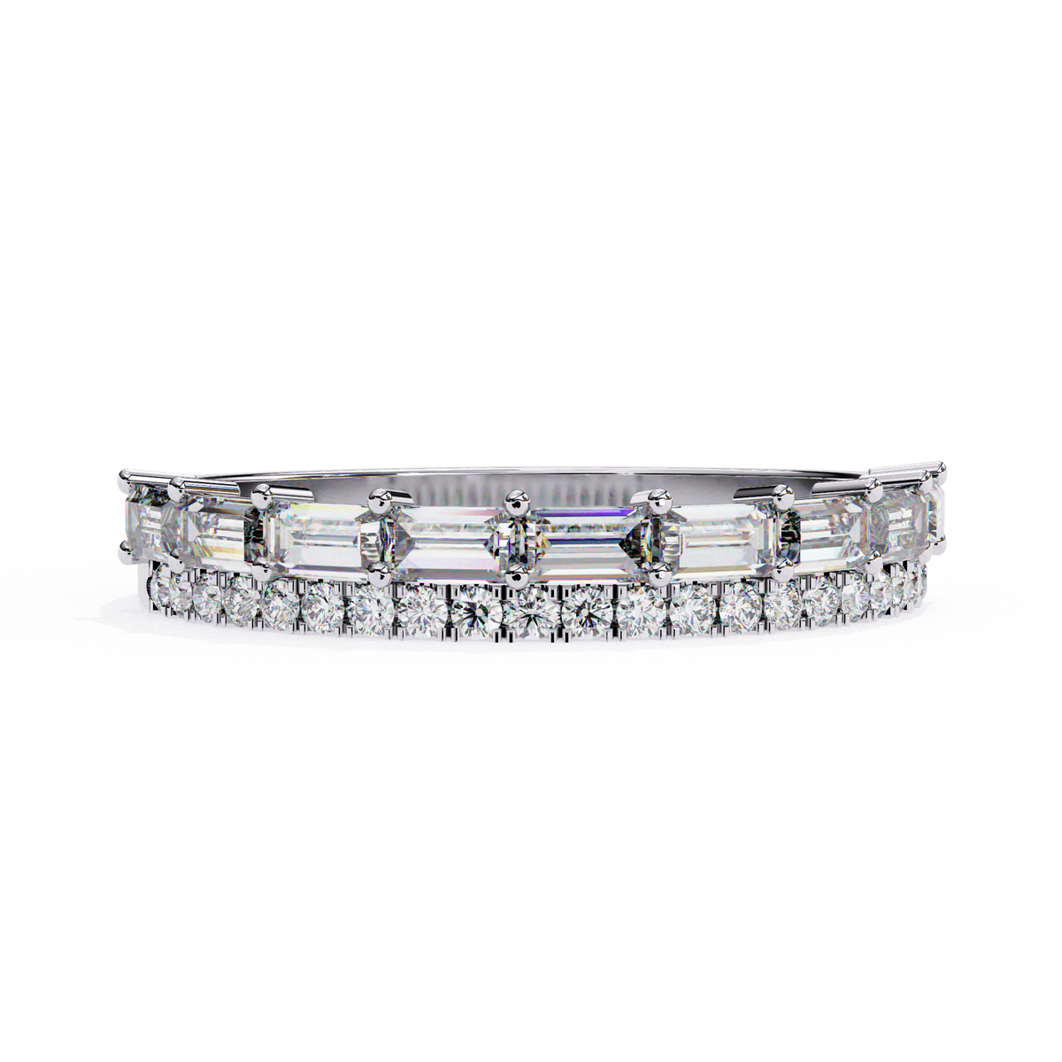 White Gold Baguette and Round Diamond Two Row Half Eternity Band