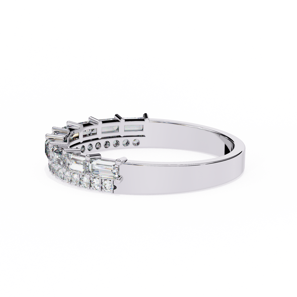 White Gold Baguette and Round Diamond Two Row Half Eternity Band
