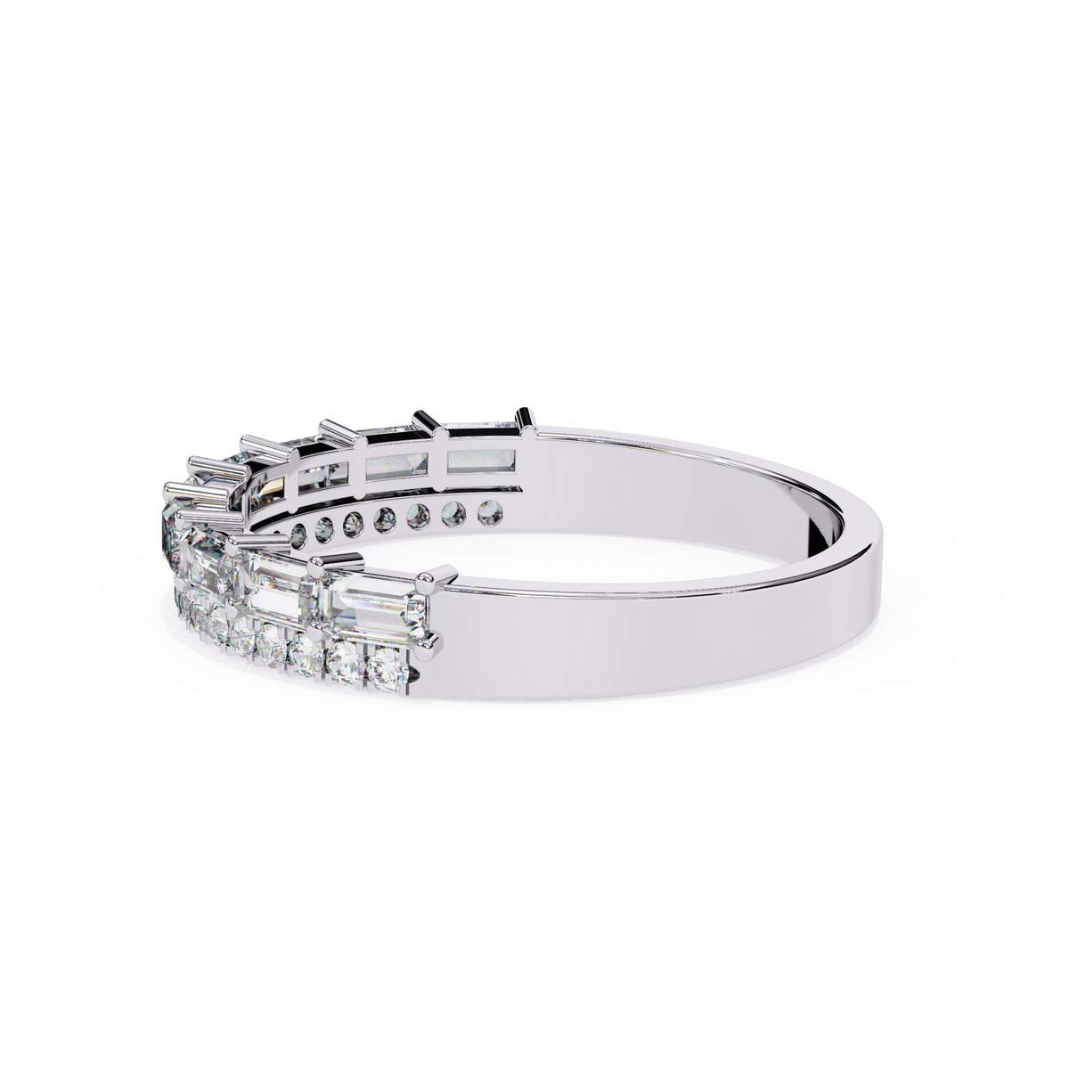 White Gold Baguette and Round Diamond Two Row Half Eternity Band