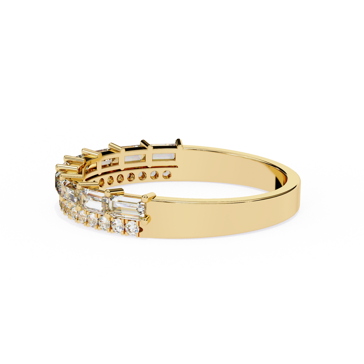 Yellow Gold Baguette and Round Diamond Two Row Half Eternity Band