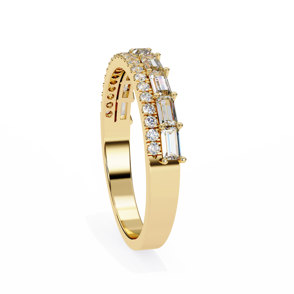 Yellow Gold Baguette and Round Diamond Two Row Half Eternity Band