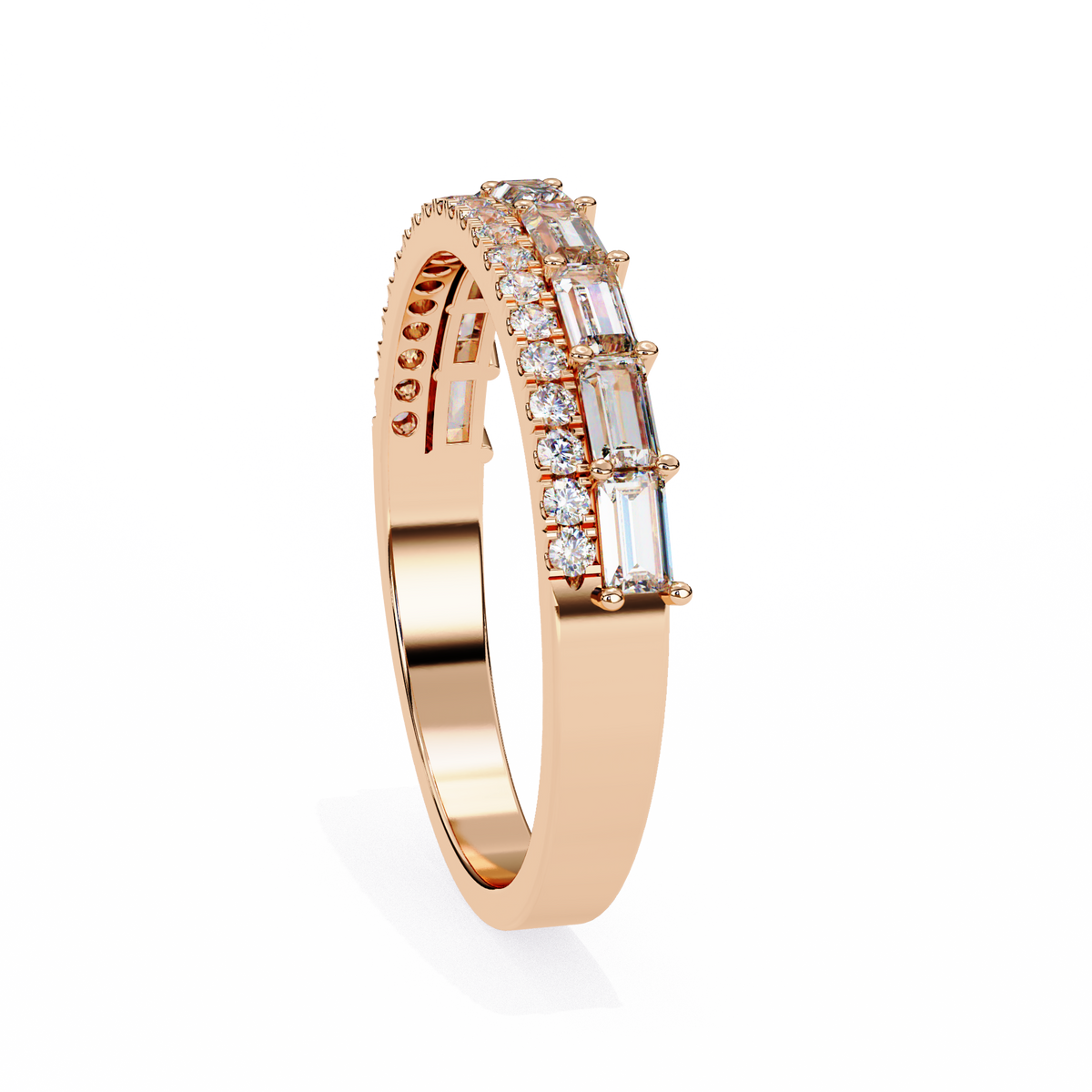Rose Gold Baguette and Round Diamond Two Row Half Eternity Band