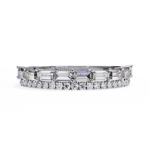 White Gold Baguette and Round Diamond Two Row Half Eternity Band
