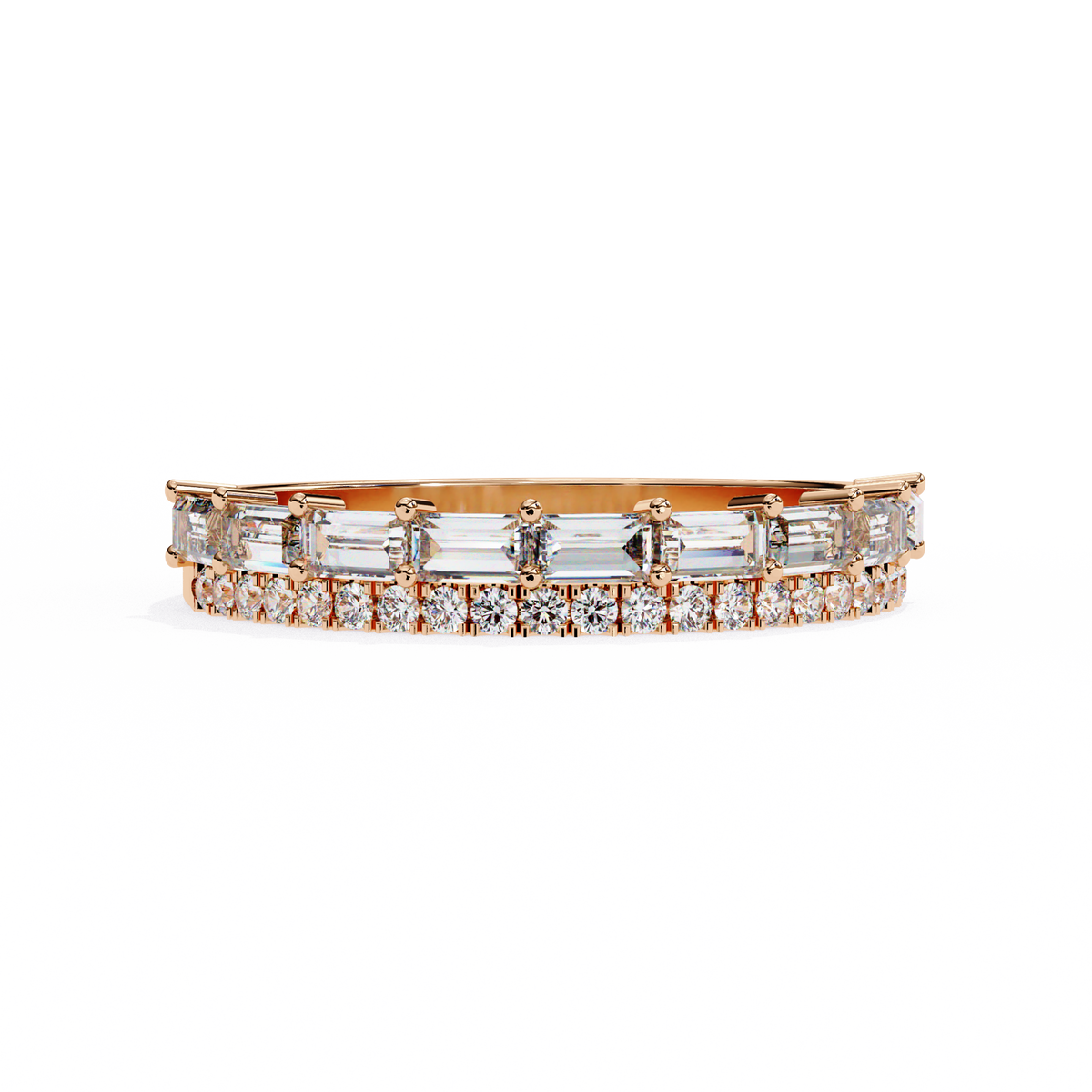 Rose Gold Baguette and Round Diamond Two Row Half Eternity Band