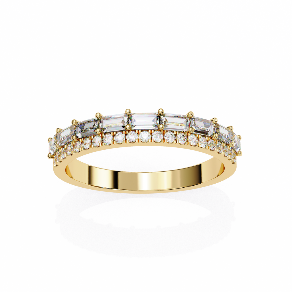 Yellow Gold Baguette and Round Diamond Two Row Half Eternity Band