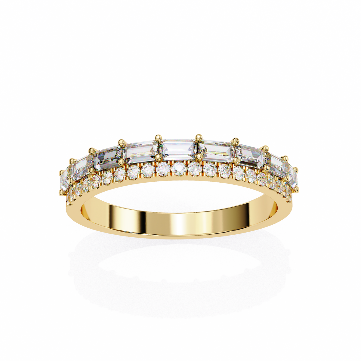 Yellow Gold Baguette and Round Diamond Two Row Half Eternity Band