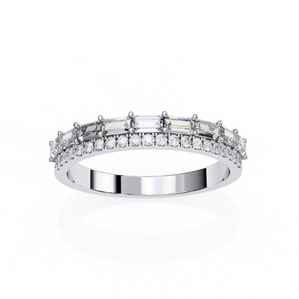 White Gold Baguette and Round Diamond Two Row Half Eternity Band
