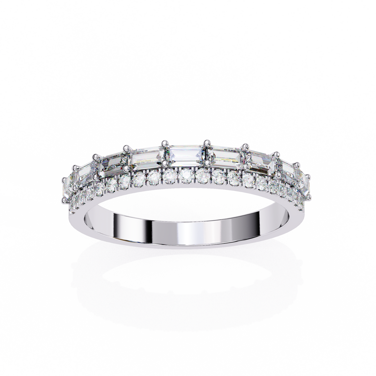 White Gold Baguette and Round Diamond Two Row Half Eternity Band