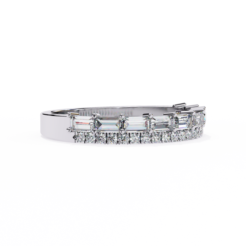 White Gold Baguette and Round Diamond Two Row Half Eternity Band