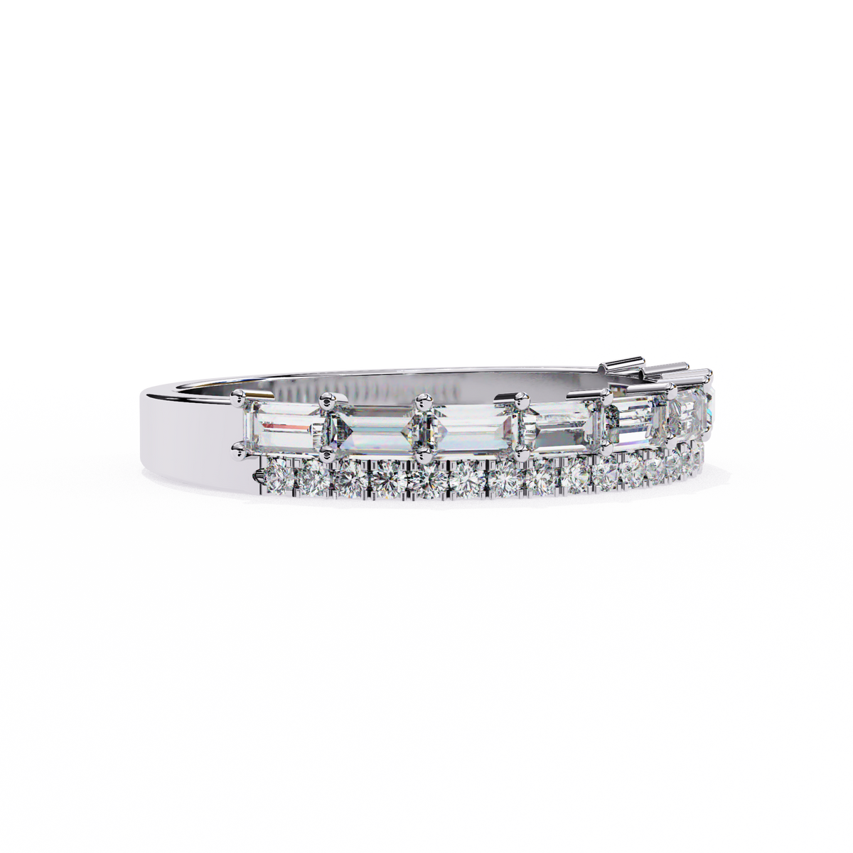 White Gold Baguette and Round Diamond Two Row Half Eternity Band