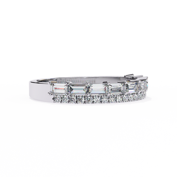 White Gold Baguette and Round Diamond Two Row Half Eternity Band