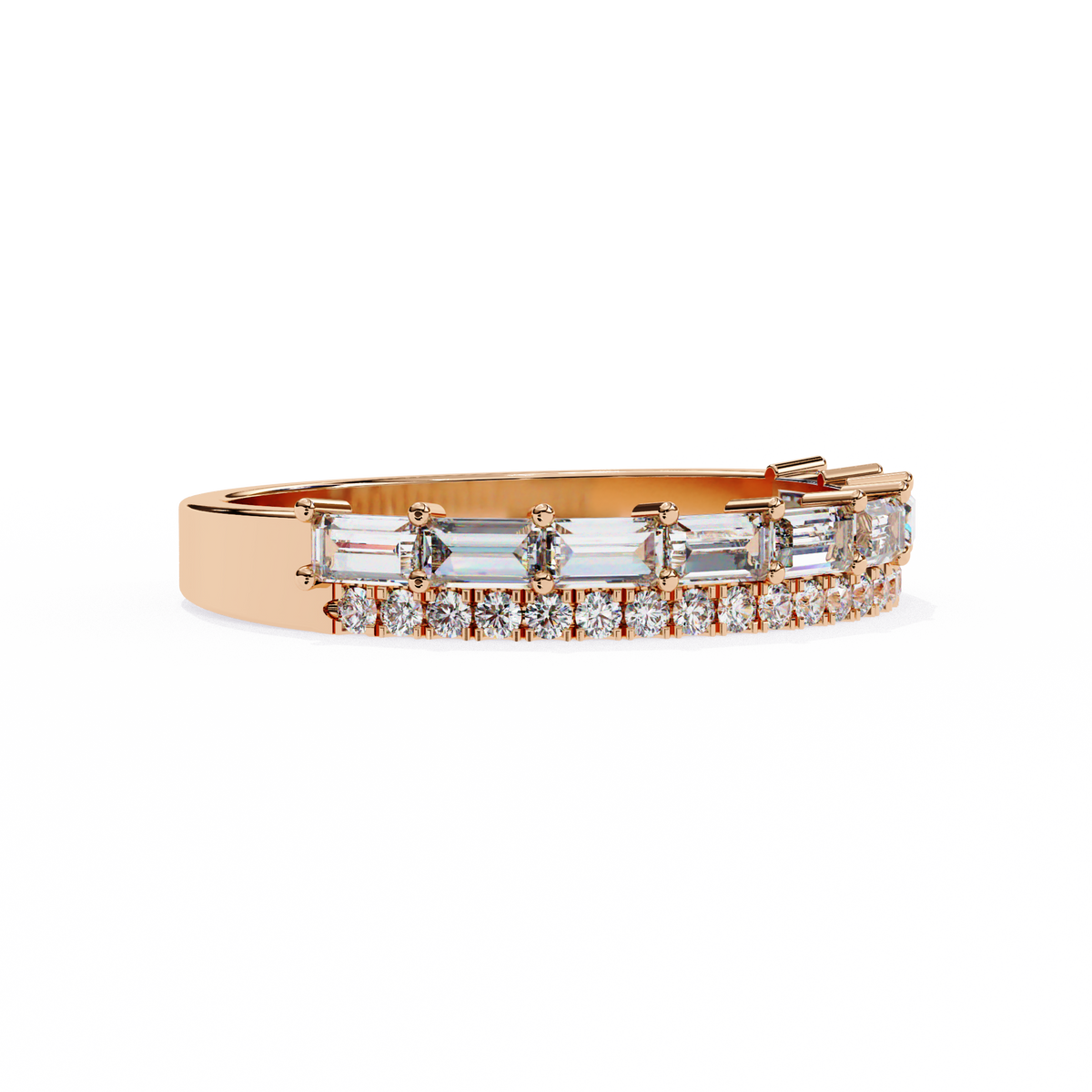 Rose Gold Baguette and Round Diamond Two Row Half Eternity Band