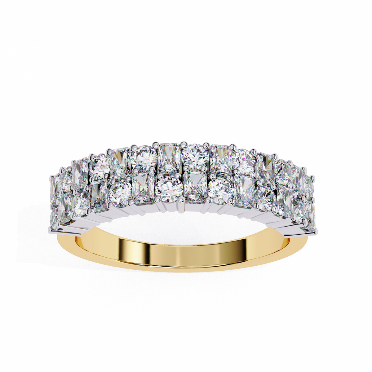Yellow Gold Radiant and Round Diamond Double Row Half Eternity Ring