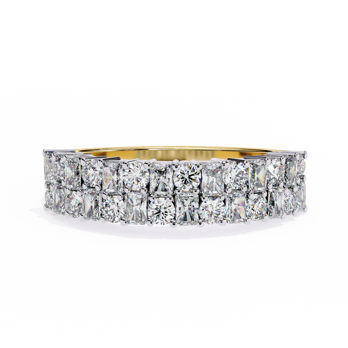 Yellow Gold Radiant and Round Diamond Double Row Half Eternity Ring